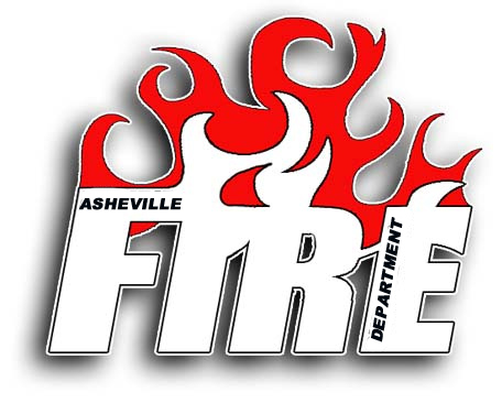 logo with red flames and asheville fire in white letters
