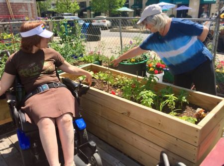 Amanda Levesque, left, and Clare Hanrahan check on plants at the Elder &amp; Sage Community Garden, 33-35 Page Ave., downtown. Planking and raised beds make the garden accessible to those in wheelchairs.
