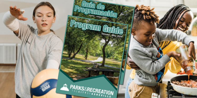 Volleyball player and family cooking (two separate photos) with overlaid covers of Asheville Parks & Recreation program guide