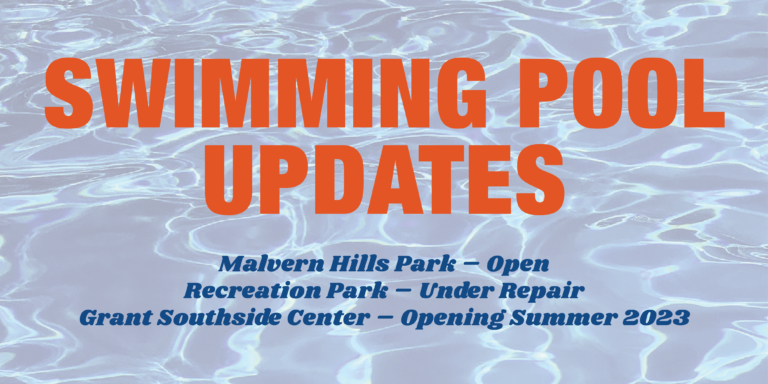 Pool with text in front of it reading Swimming Pool Updates