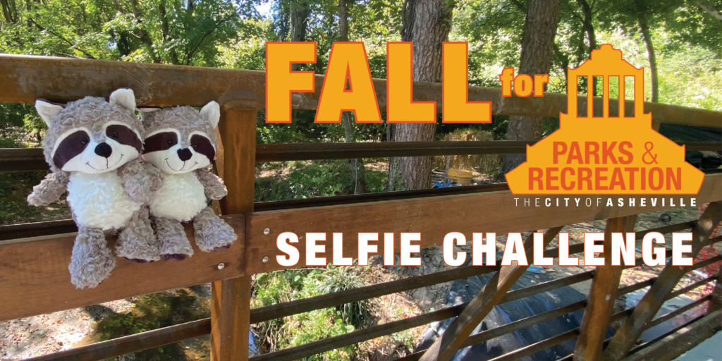 Stuffed animals on bridge with text: Fall for Asheville Parks & Recreation