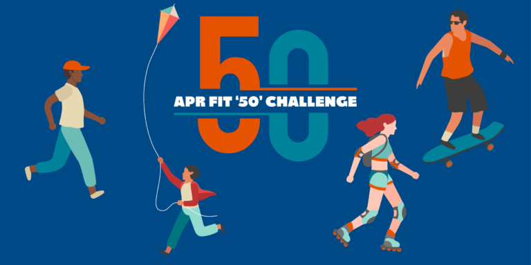 Illustrations of people running, walking, skating, and flying a kite with APR Fit 50 logo