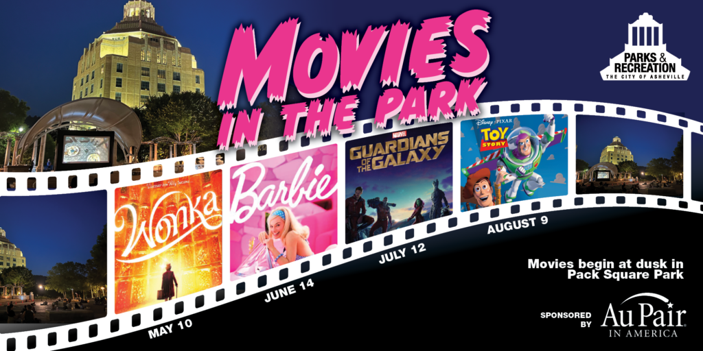 Illustration featuring posters from movies in front of Asheville City Hall