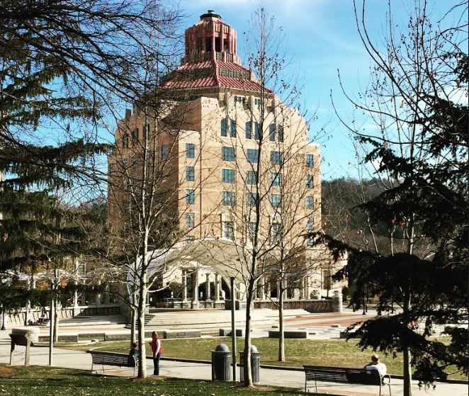 City hall with winter barren trees