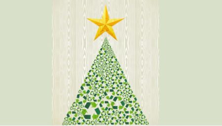 illustration of christmas tree made out of green recycle symbols