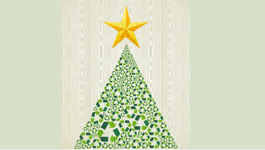 illustration of christmas tree made out of green recycle symbols