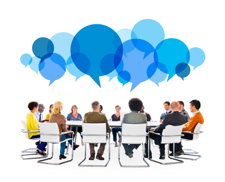 photo illustration of Diverse People in Meeting With Speech Bubbles