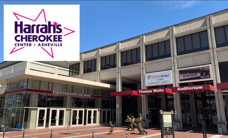 Civic Center building shot with Harrah's logo in corner of image