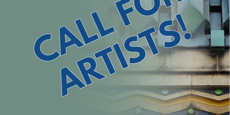 Call for artist words over deco features of buiilding. City logo and urban trial logo in lower left corner of image