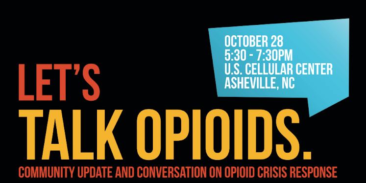 Graphic with text giving date, time and place of Let's Talk Opiods event
