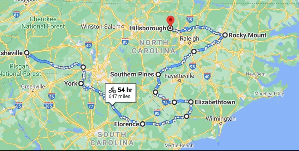 map of carolina brotherhood ride 2021