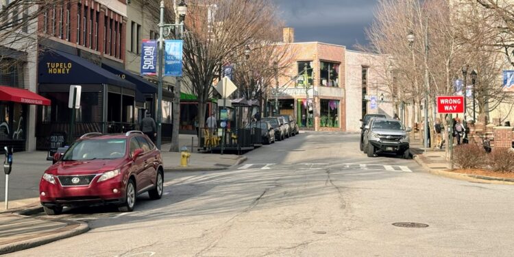 View of College Street looking east from the intersection of College and Patton at Pritchard Park.