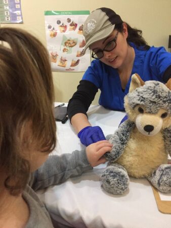 young girl with vet checking stuffed animal