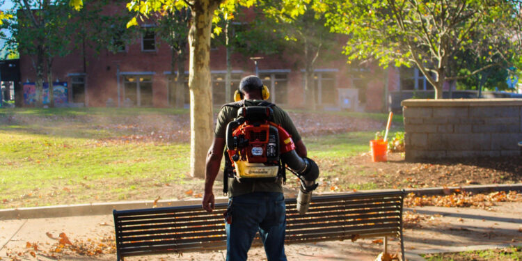 man blowing leaves in park