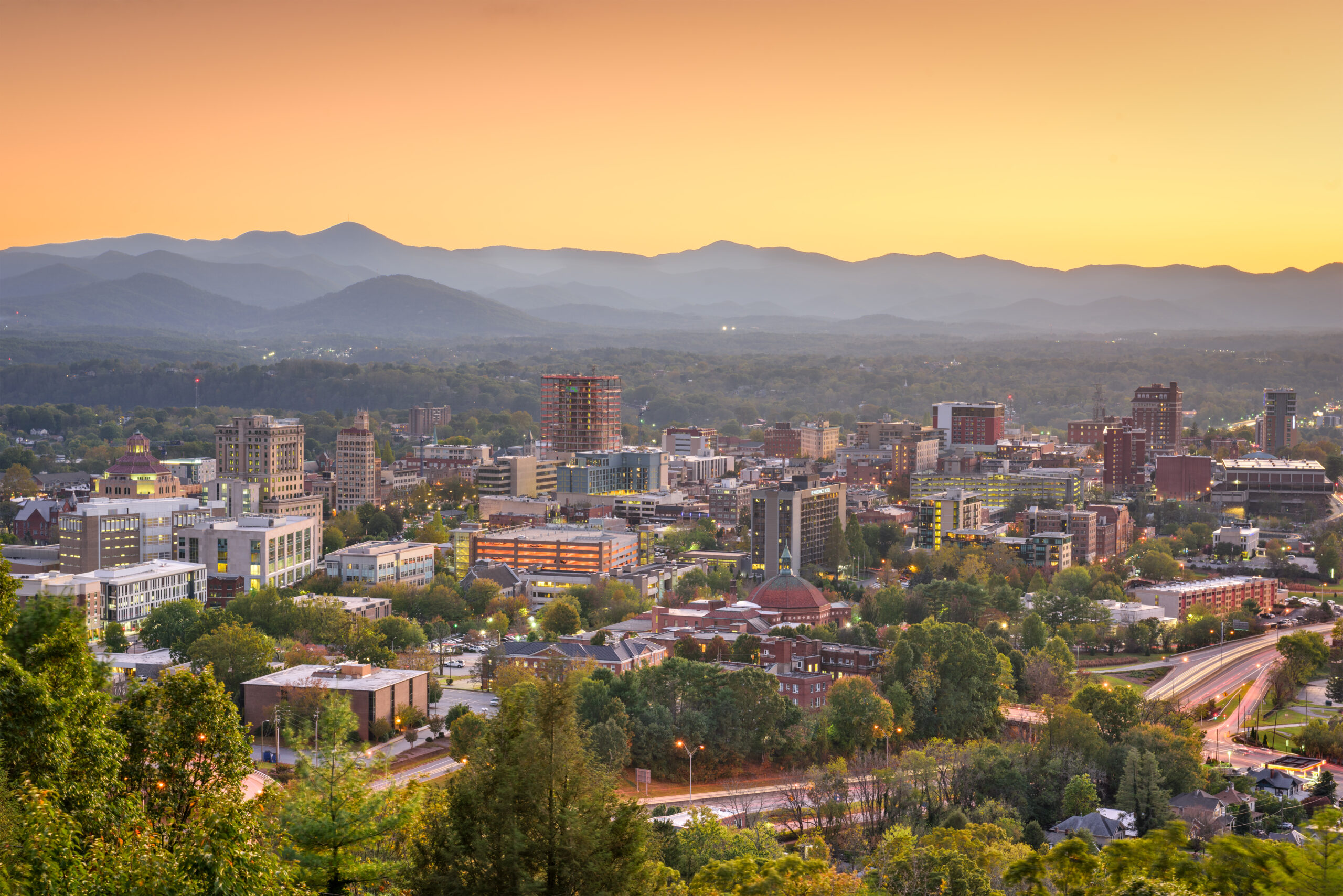 sunset over downtown asheville