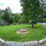 rock with inscription at park with rolling green behind it
