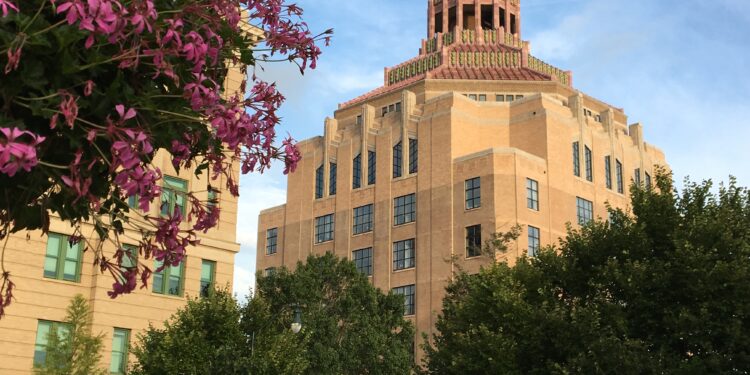 City Hall surrounded by blooming trees