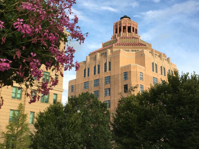 City Hall surrounded by blooming trees