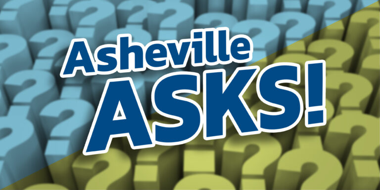 blue and green questions marks as background with title Asheville Asks