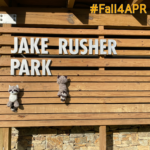 two stuffed raccoons climbing the sign wall that says Jake Rusher Park