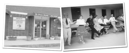 front of senior opportunity center plus men and women square dancing