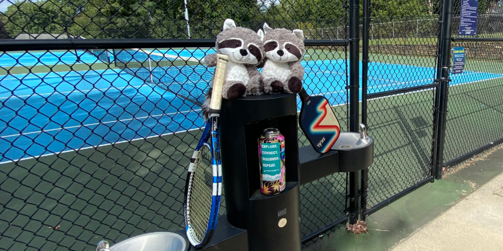 raccoon mascots holding racquets for tennis and pickleball