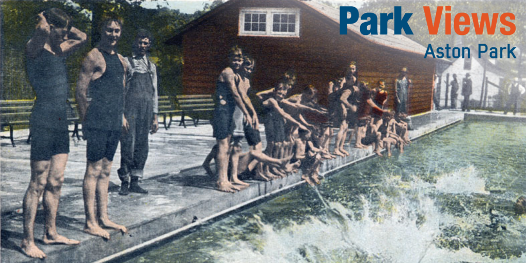 Color photo-offset showing young men in 1920s-style bathing costumes on the edge of, and splashing into, the swimming pool at Aston Park