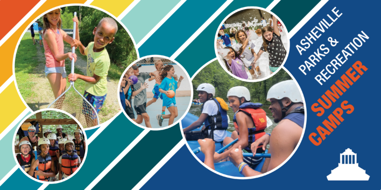 multi colored banner image that says Asheville Parks & Recreation summer camps