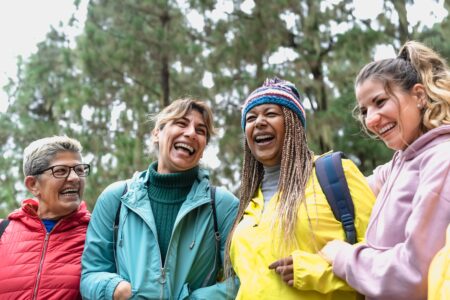 group of 4 women dressed for outdoor activities