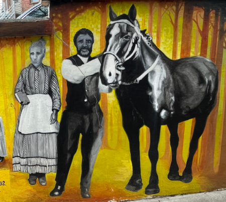 mural drawing of isaac and delia dickson and their horse