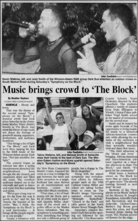 newspaper article with headline 'music brings crowd to the block'