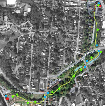 map of nasty branch greenway showing locations of sign markers