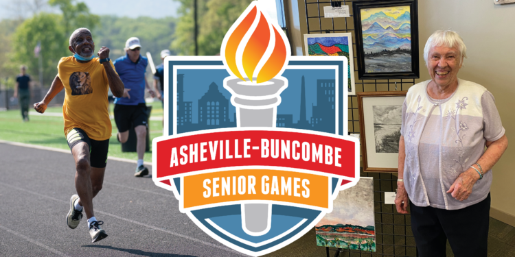 man running and woman standing in front of artwork, Asheville-Buncombe Senior Games logo