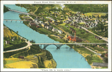 historic postcard showing river district of Asheville