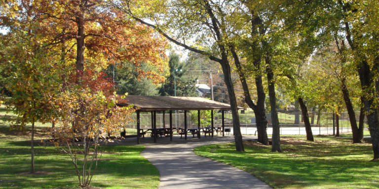 gazebo in park with fall colored leaves