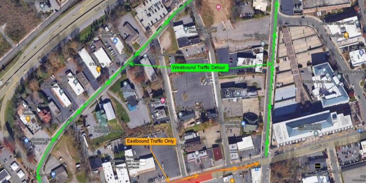 aerial map of detour route and lane closures