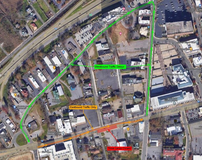 aerial map of detour route and lane closures