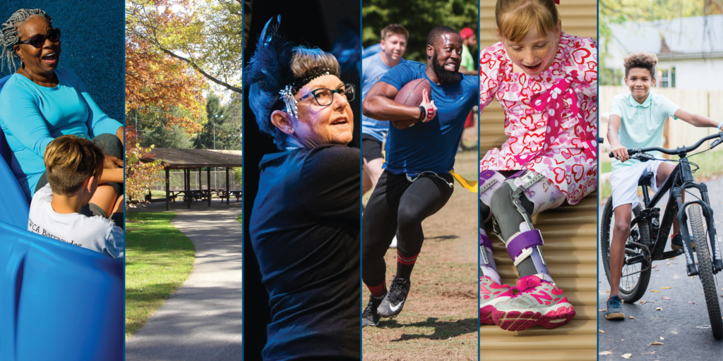 Collage of woman and child at playground, picnic shelter, dancer, footballer, slider, and biker