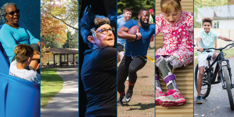 Collage of woman and child at playground, picnic shelter, dancer, footballer, slider, and biker