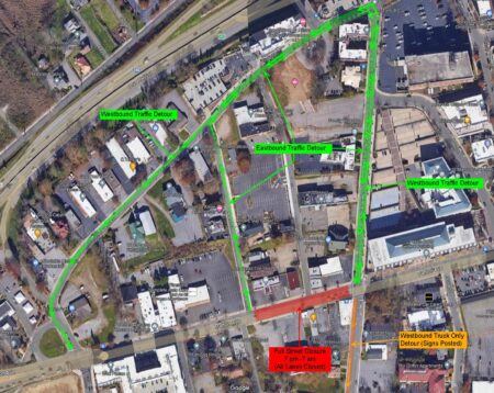 map depicting closure areas and detour