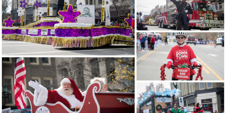 Collage of photos featuring Parade Grand Marhsall on float, firetruck, participant on bike, santa in sleigh, and santa helpers marching on street