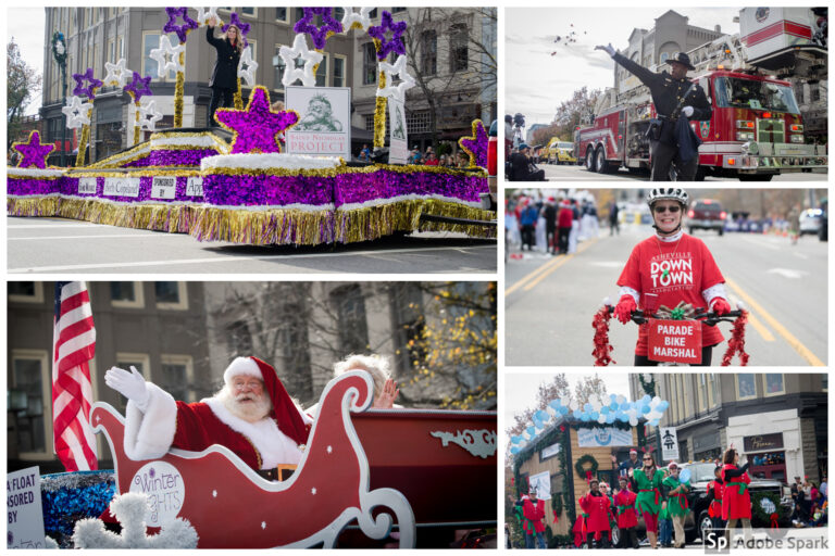 Collage of photos featuring Parade Grand Marhsall on float, firetruck, participant on bike, santa in sleigh, and santa helpers marching on street