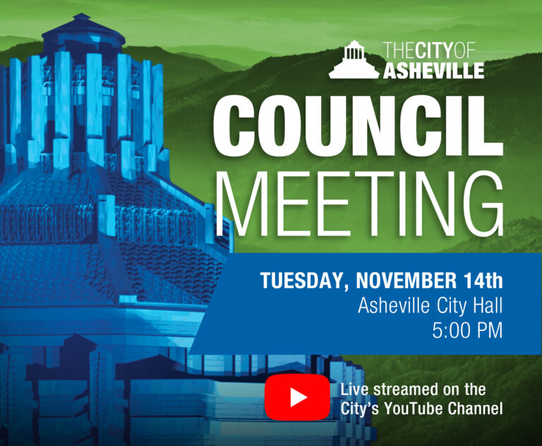 graphic in blue and green listing the time and date of City Council meeting
