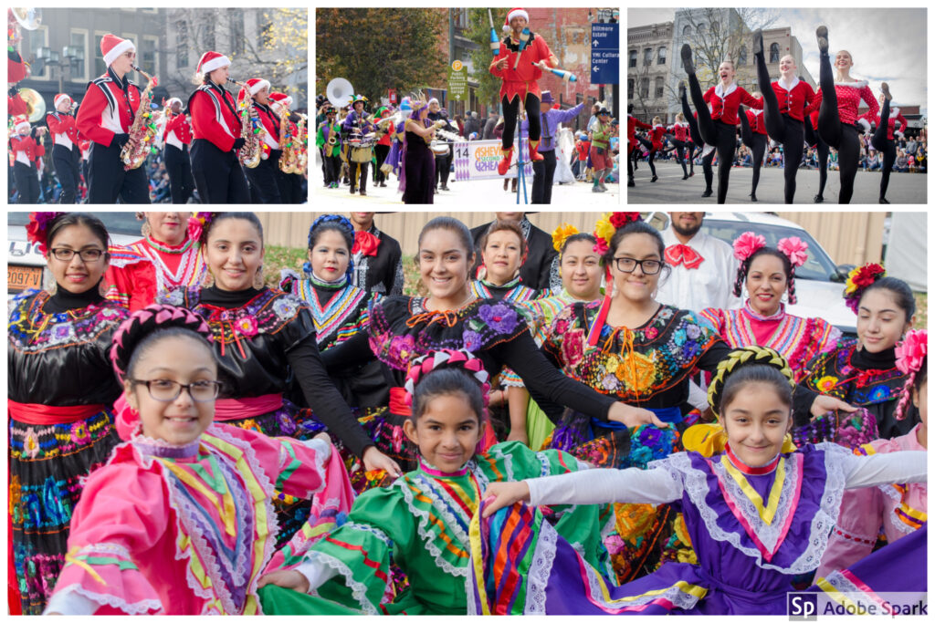 various parade participants like saxaphone players, a juggler, high-kick dance team and LatinX dance troup in traditional dress
