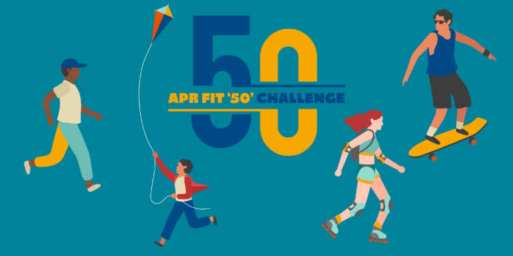 graphic that says APR Fit 50 Challenge in blue and yellow letters
