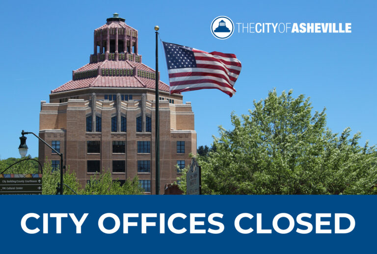 picture of city hall with American flag in foreground. Graphic stating: City offices closed