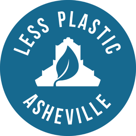 less plastic asheville logo a blue circle with leaf and outline of city hall