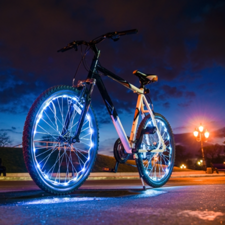 bicycle at night with lights around the wheels
