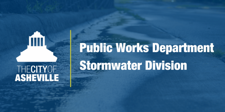 water running down road to storm drain with city logo and department title