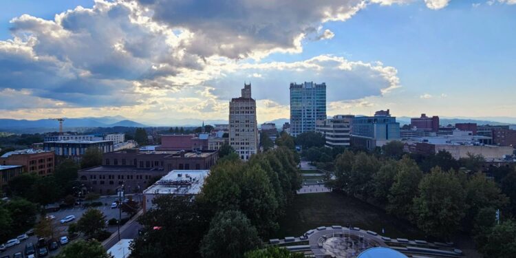 beauty shot of downtown Asheville shows downtown skyline against blue skies